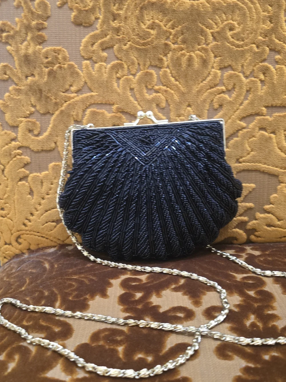 La Regale Black Beaded Shell Clutch with Gold Chain